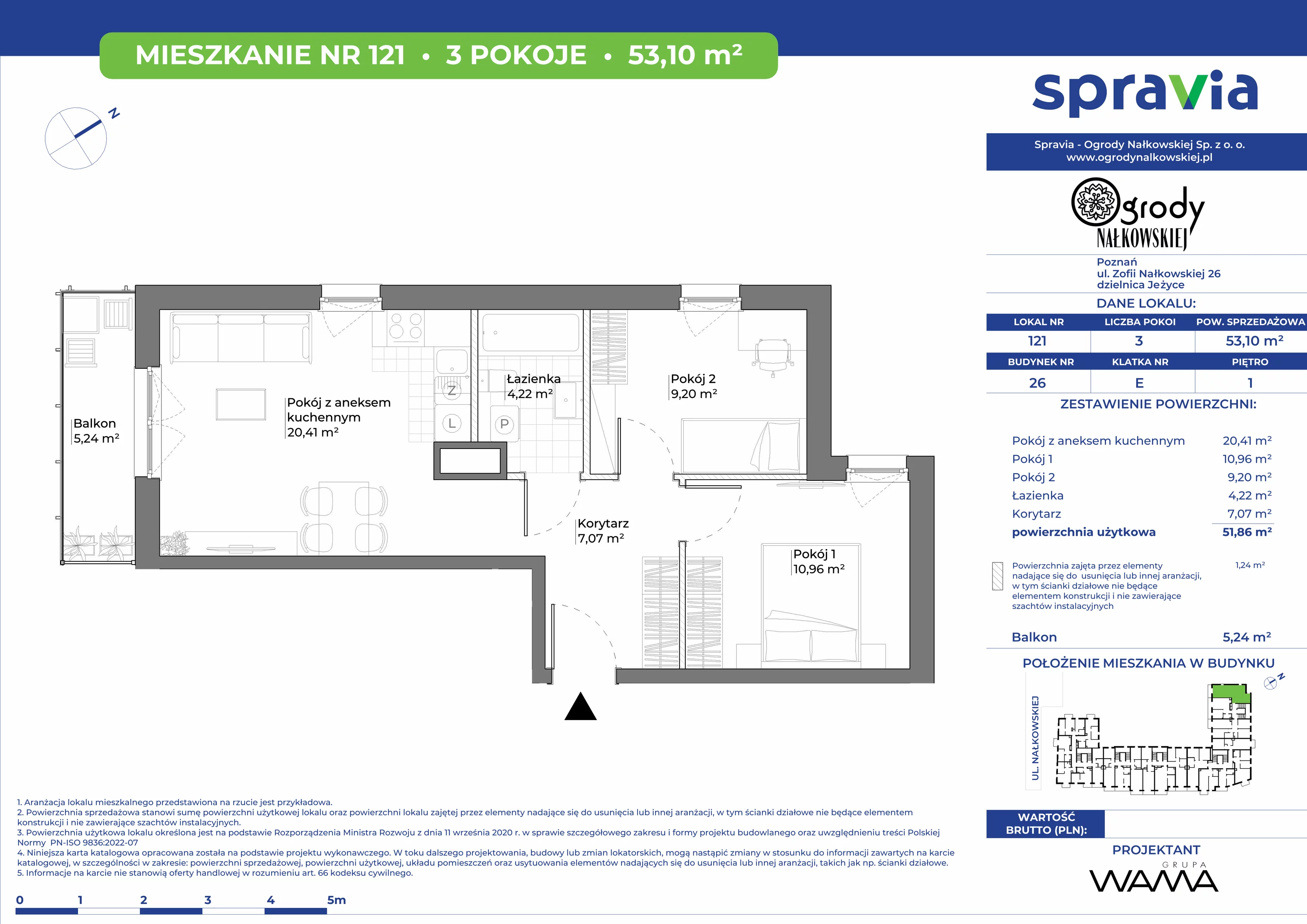 3 pokoje, mieszkanie 53,10 m², piętro 1, oferta nr 26-121, Ogrody Nałkowskiej, Poznań, Ogrody, ul. Nałkowskiej 24, 26